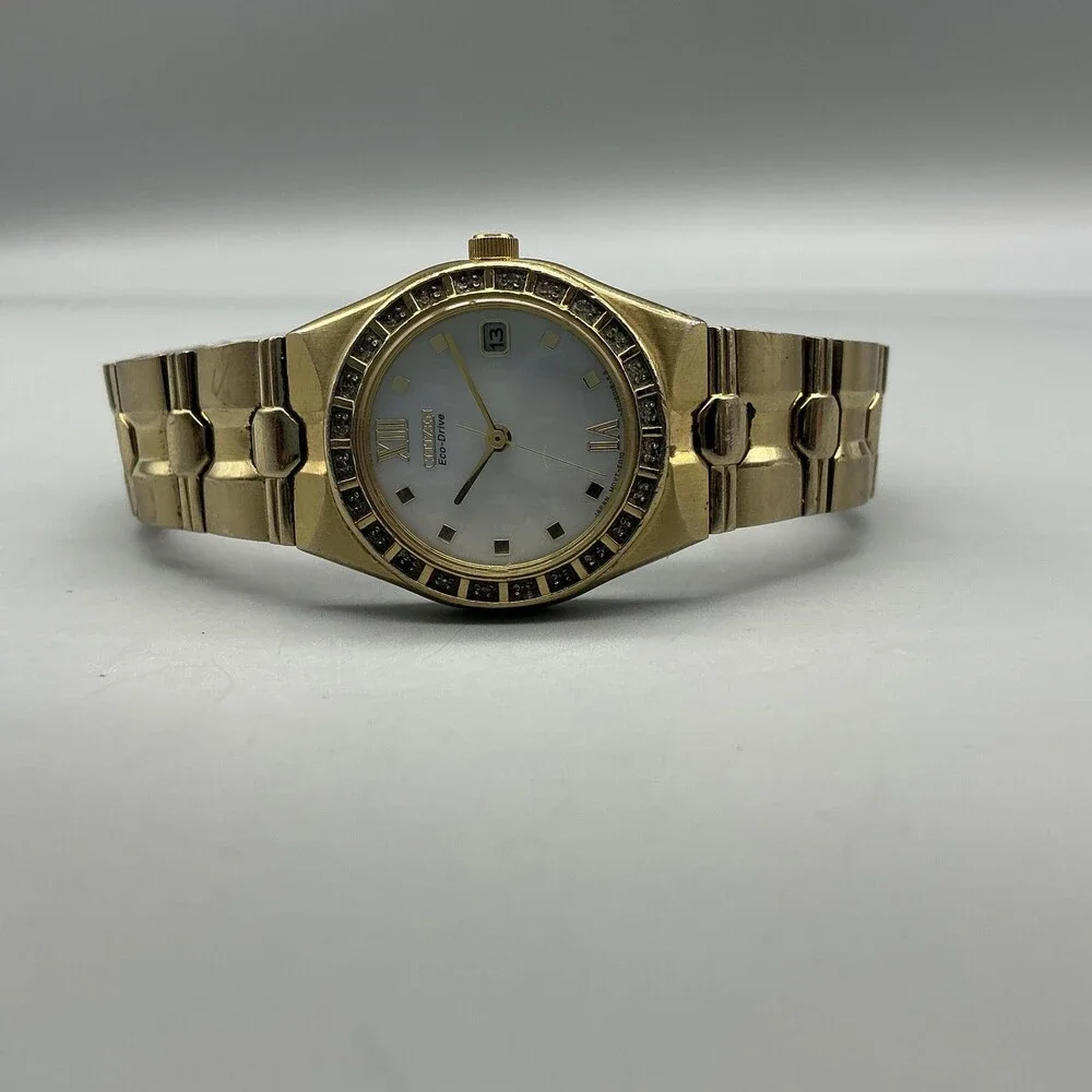 Citizen Eco-Drive Womens Watch 24mm Gold Tone E010-S008646 MOP Crystals 6